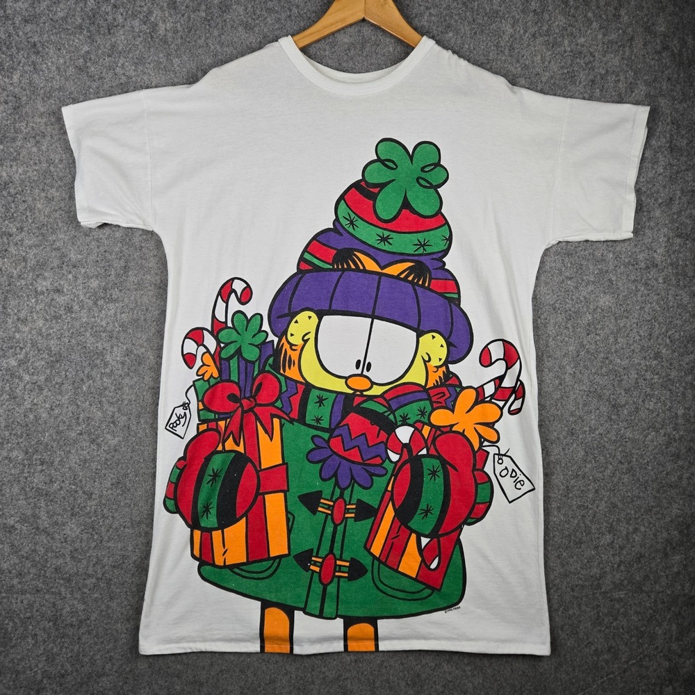 Vtg Flirts Garfield Sleep T-Shirt One Size OS White Holiday Christmas Santa 90s